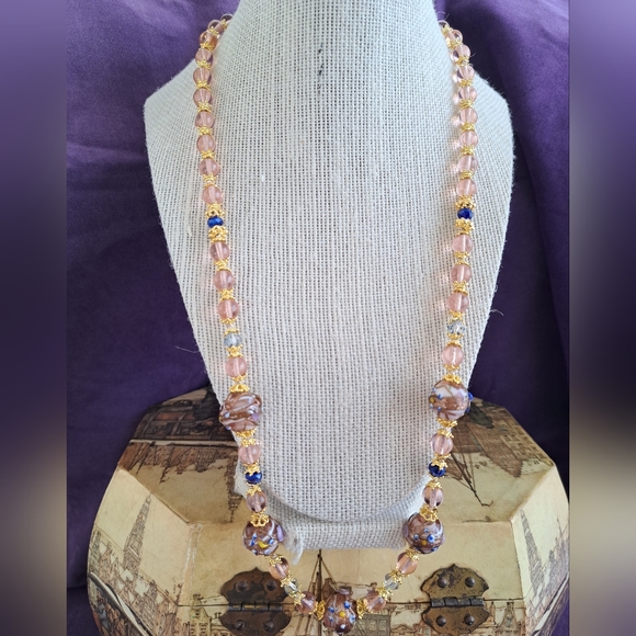 VTG Style Pink Rose & Wedding Cake ART GLASS BEADED NECKLACE 26" GF and Vermeil - Picture 6 of 11